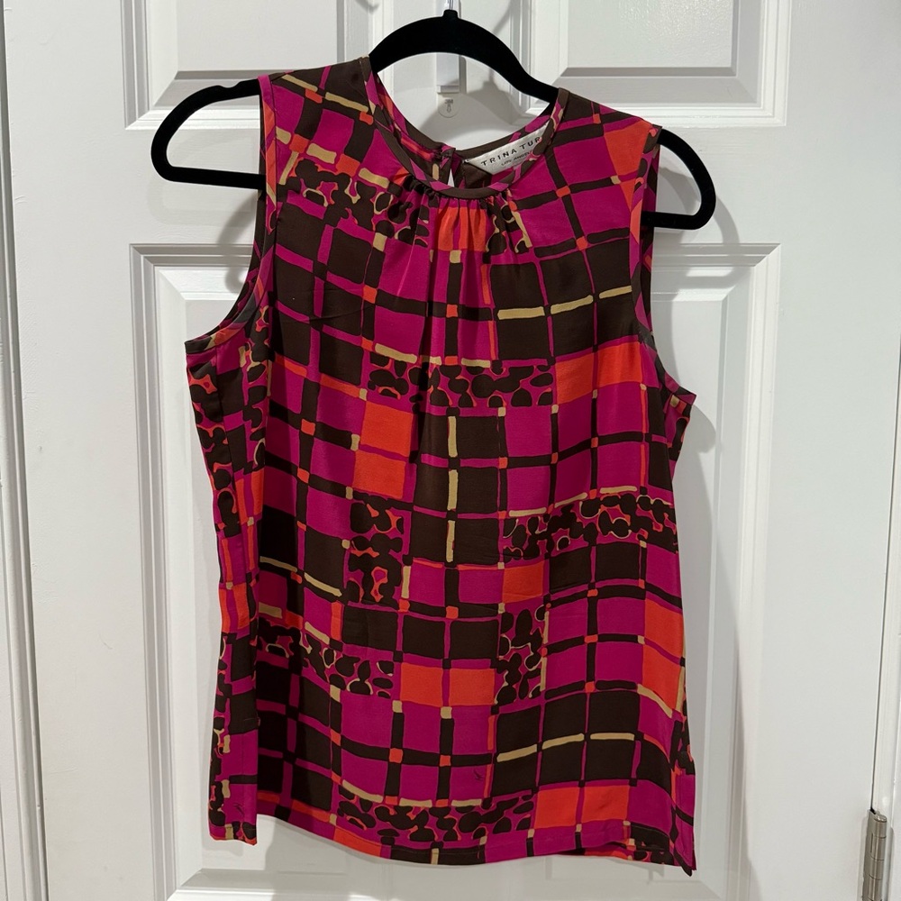 Trina Turk Pink and Brown Checkered Blouse
